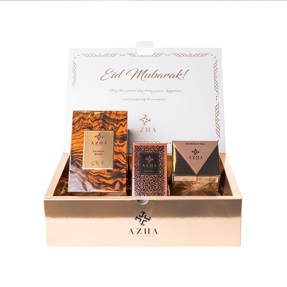 طقم هدايا العيد أزهى ثلاث قطع - صندل روز + عود معطر الصبا + عطر مركز النور
